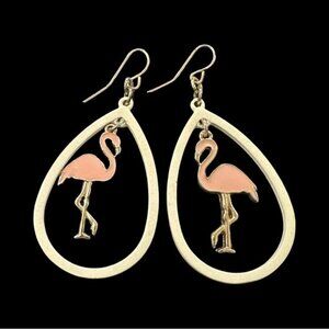 Pink Flamingo Teardrop Dangle Earrings With Silver Frame